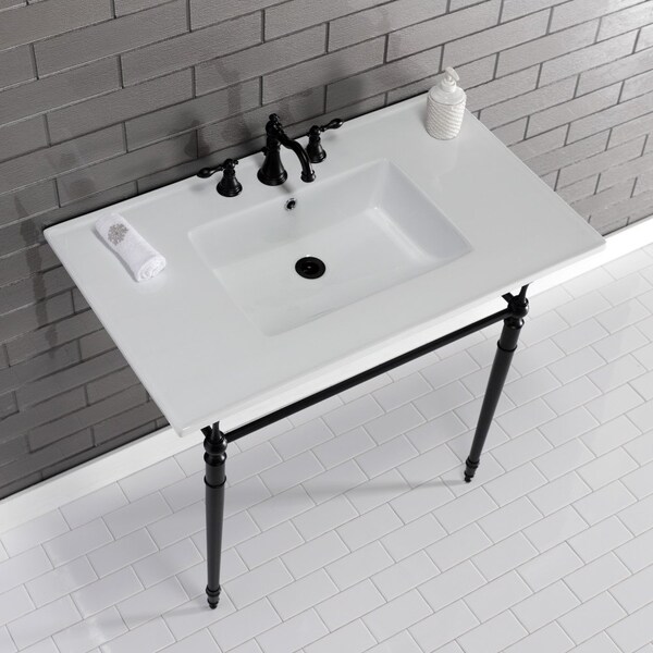 KVPB37227W8MB 37-Inch Console Sink With Brass Legs (8-Inch, 3 Hole), White/Matte Black